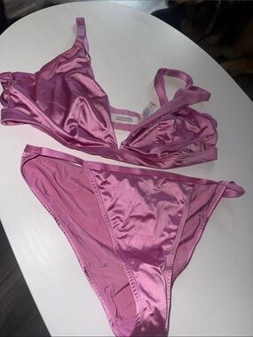 Pink Satin Bralette and Brief Set